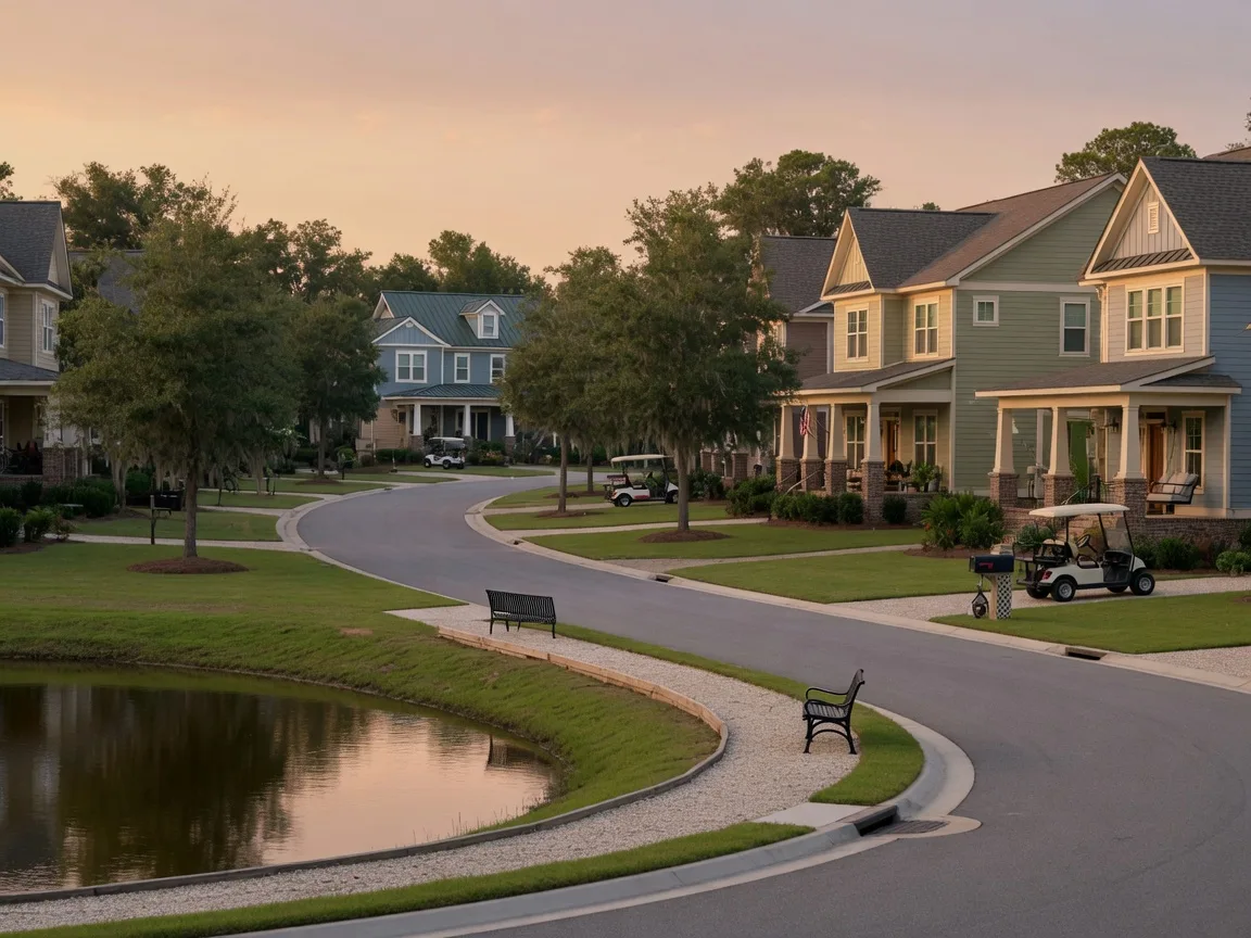 Quiet Craftsman-style homes on a tree-lined street in Sanctuary Cove at Cane Bay, with a community pond and walking path in the foreground