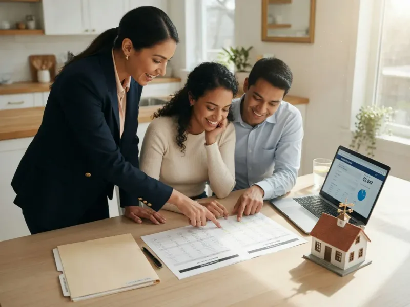 Laura Holbert reviewing a mortgage payment worksheet with a young couple at a kitchen table, with a laptop and model house nearby