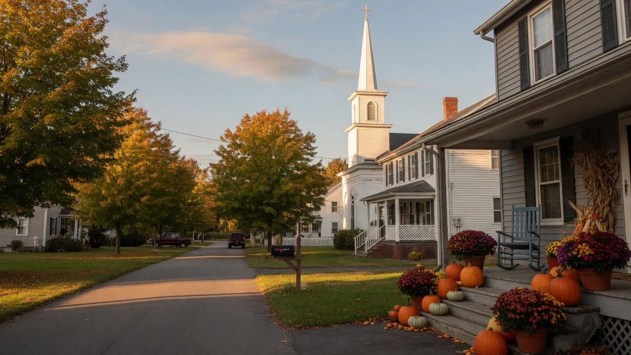 A Pennsylvania Dutch-country village in Lehigh County in late September, with a white clapboard church steeple and sugar maples just beginning to turn gold and orange