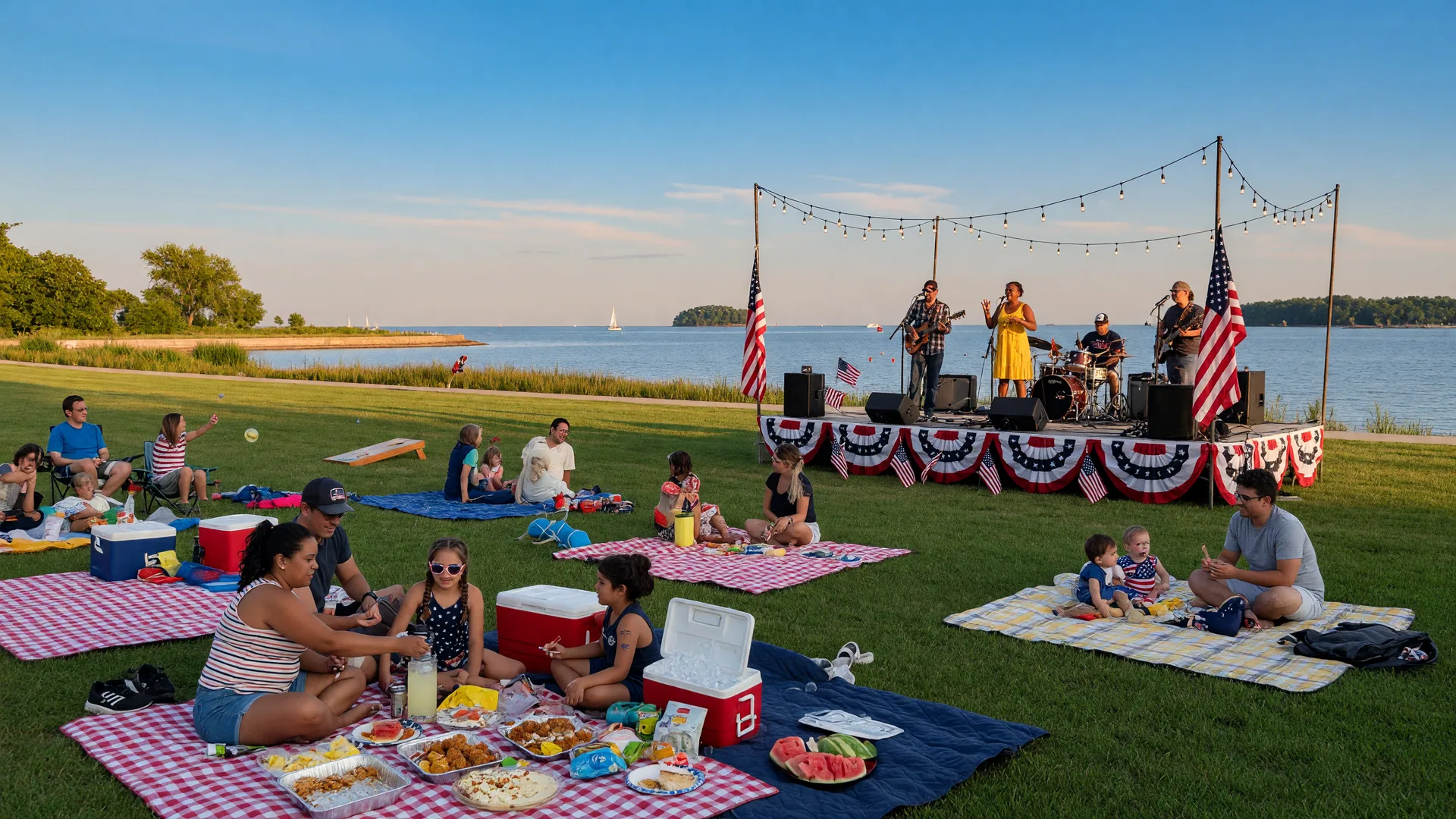 Late-summer Labor Day weekend community celebration near a Cleveland suburb lakefront with American flags, a live band on an open-air stage under string lights, and families gathered on the lawn at golden hour