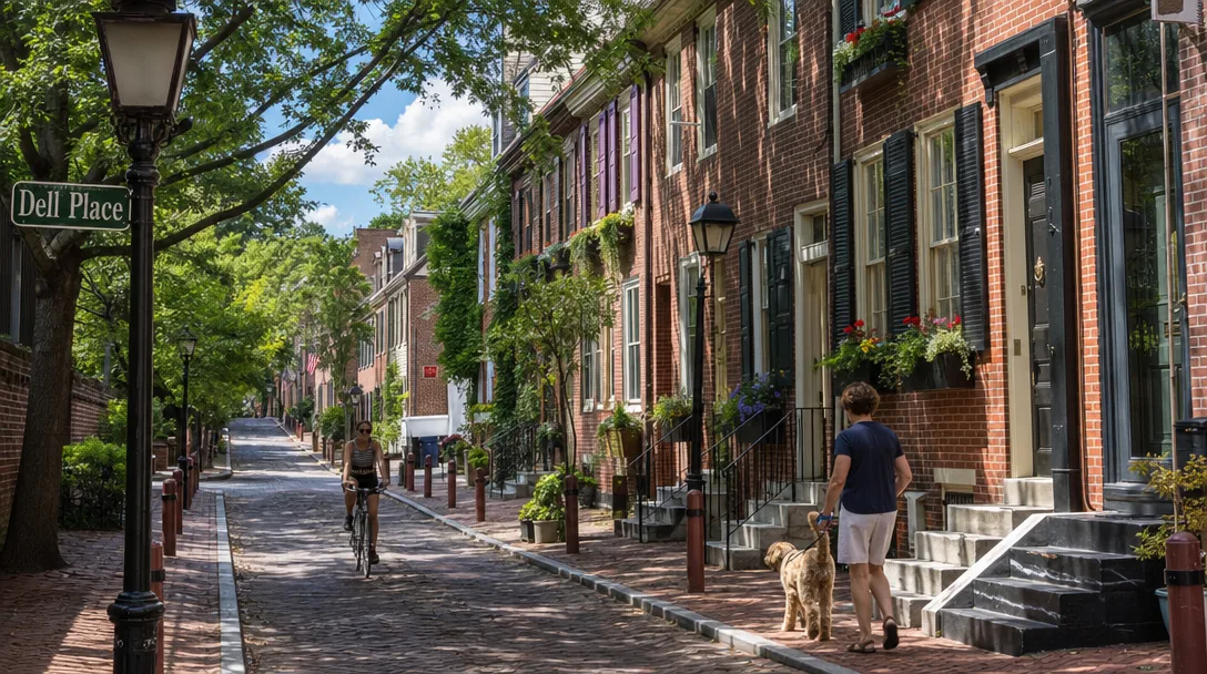 Society Hill historic row houses with cobblestone streets and Franklin gas lamps in Philadelphia