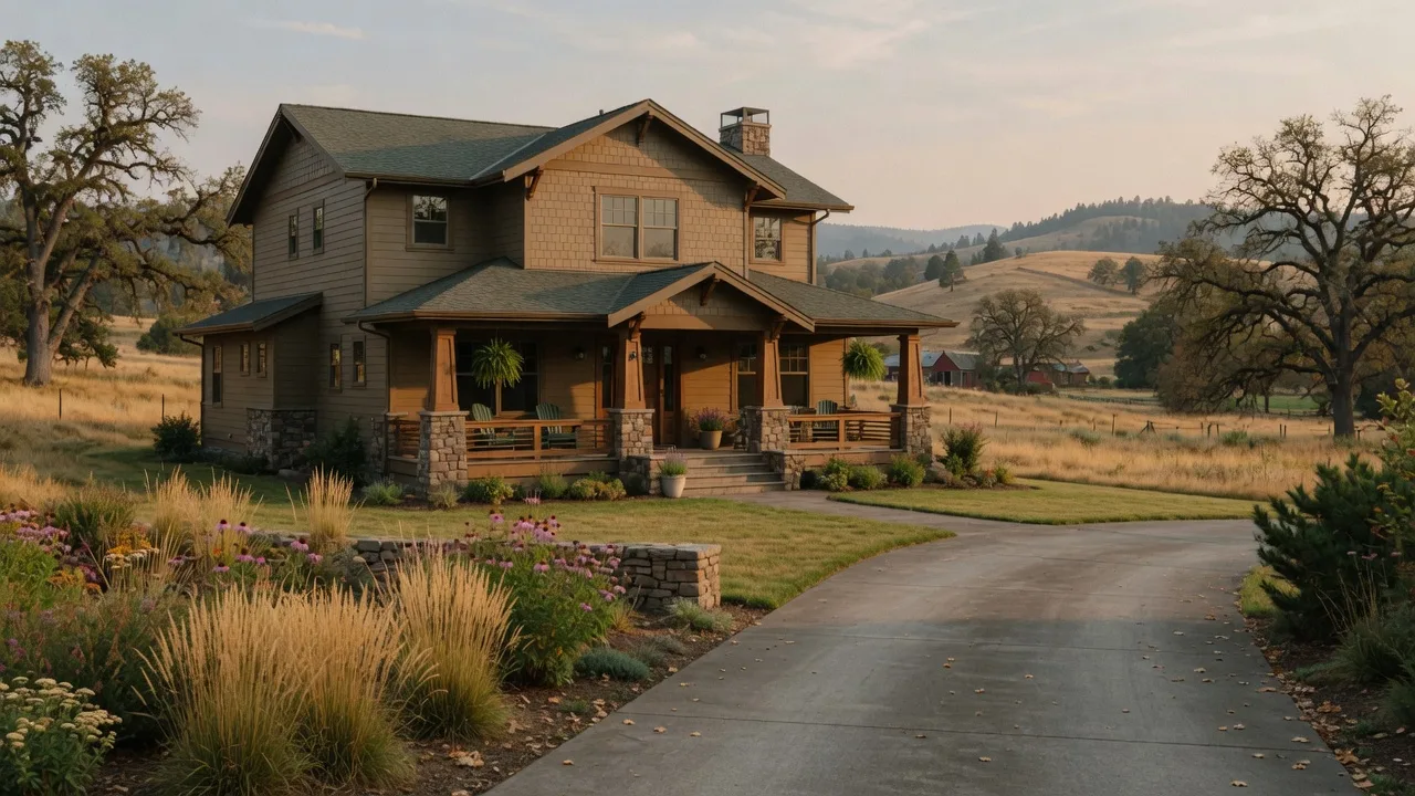 New craftsman-style home in East Medford with rolling hills and oak trees in the distance under late summer golden light