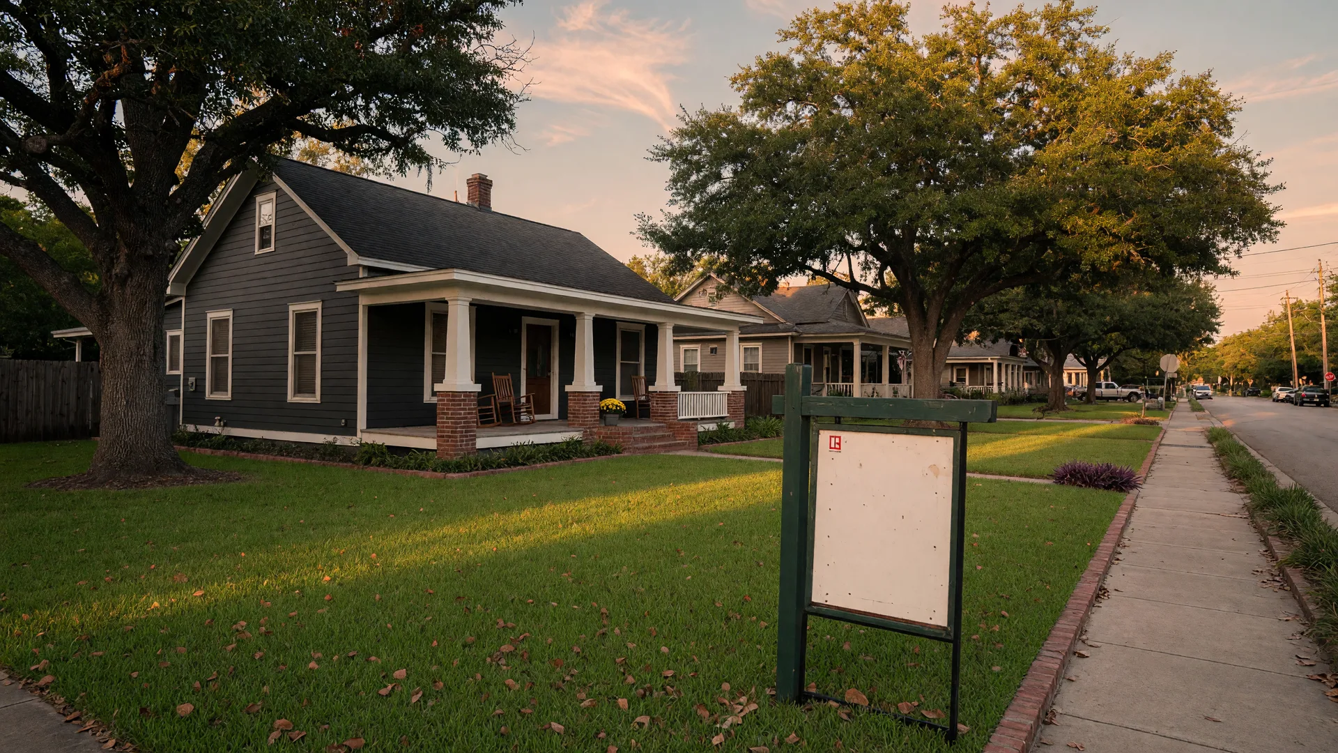 Updated single-story home with dark siding on a tree-lined small-town Texas street at golden hour