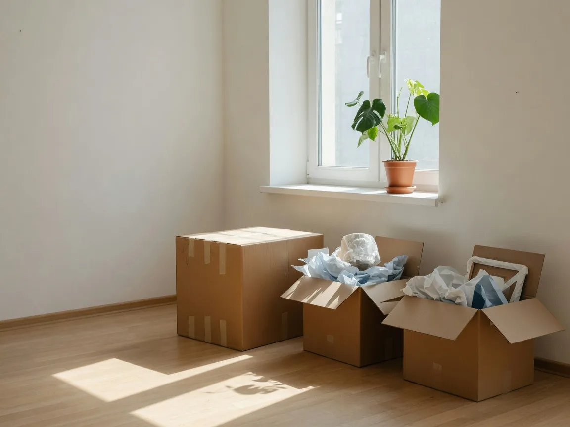 Cardboard moving boxes in a sunlit room