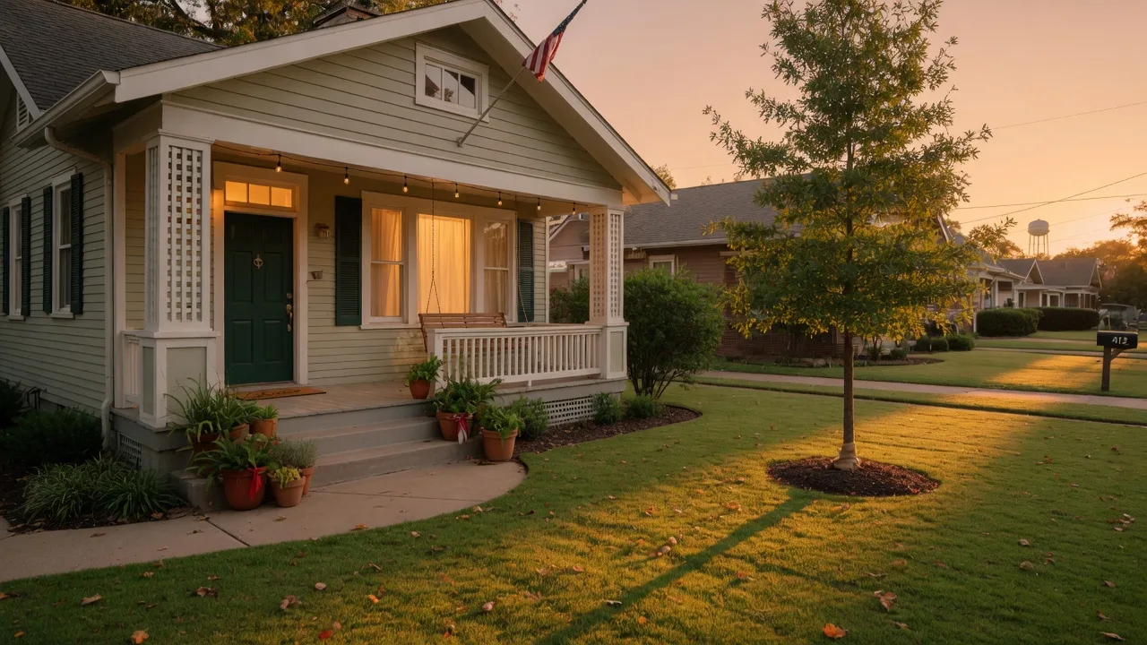 A warm craftsman-style Tulsa home at golden hour with a welcoming front porch, a green front door, potted plants on the steps, and light glowing from the windows