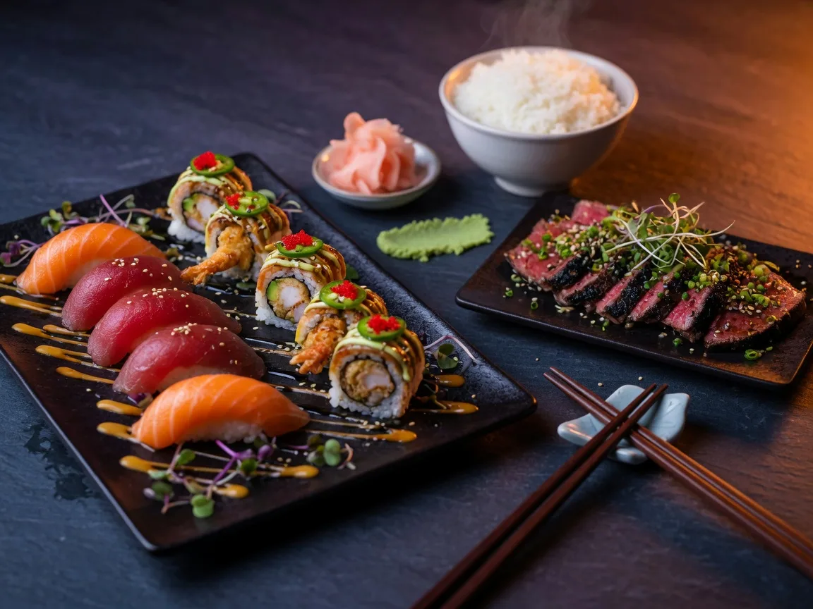 An artfully arranged sushi and hibachi spread at Ninja Steak & Sushi in Braselton Georgia: specialty rolls, nigiri, and seared steak tataki on a dark slate table