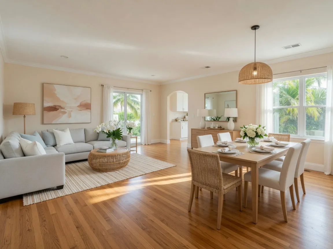 South Florida home interior with refinished hardwood floors and fresh paint showing home improvements that add value before selling