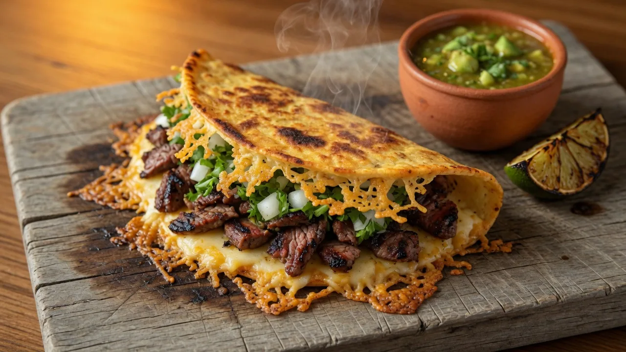 A golden crispy blue-corn queso taco with a melty cheese skirt, mesquite-grilled carne asada, onion, and cilantro at Villa's Tacos