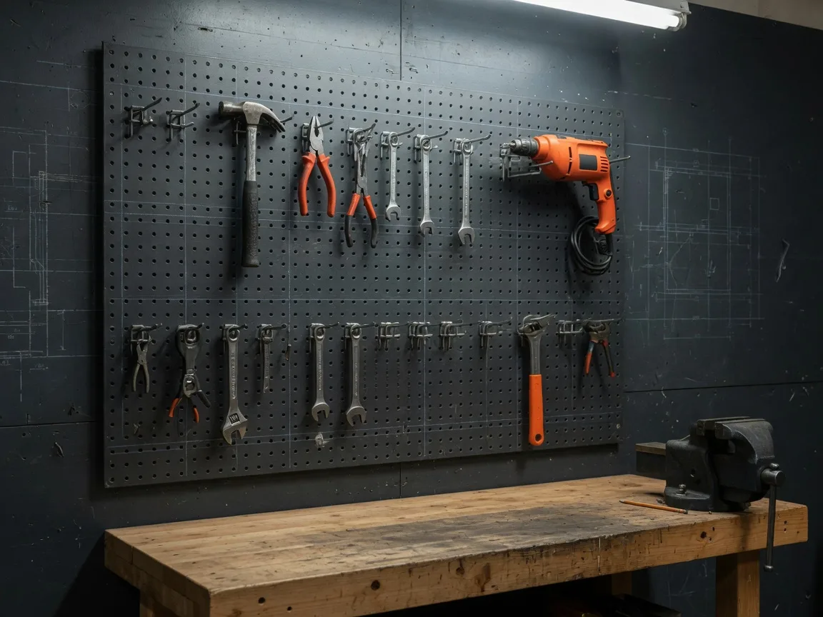 An organized workshop wall with tools hung on a pegboard above a clean wooden workbench