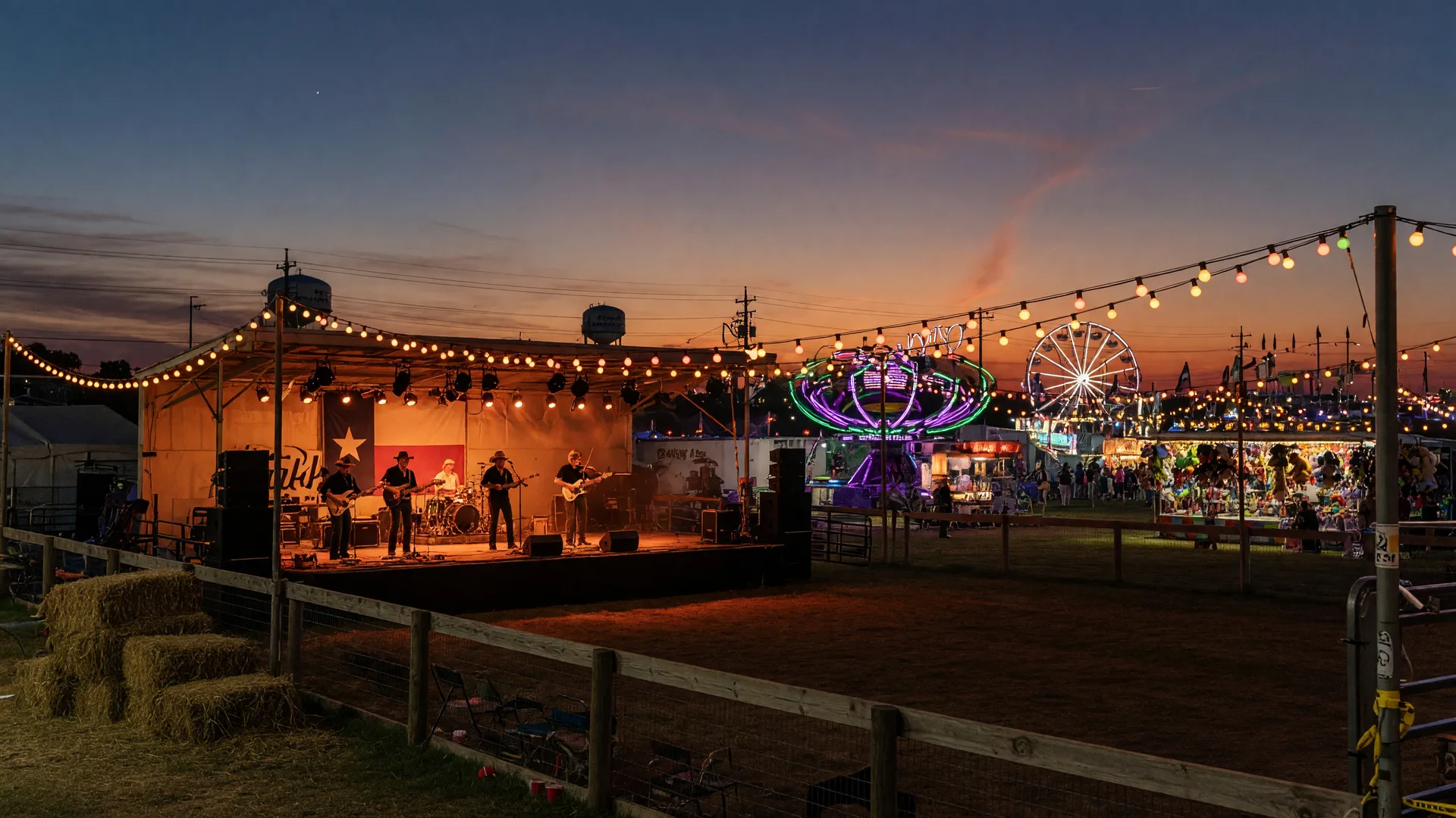 A Texas county fair concert at dusk with a country band on an arena stage under warm festival lights, the midway glowing in the background