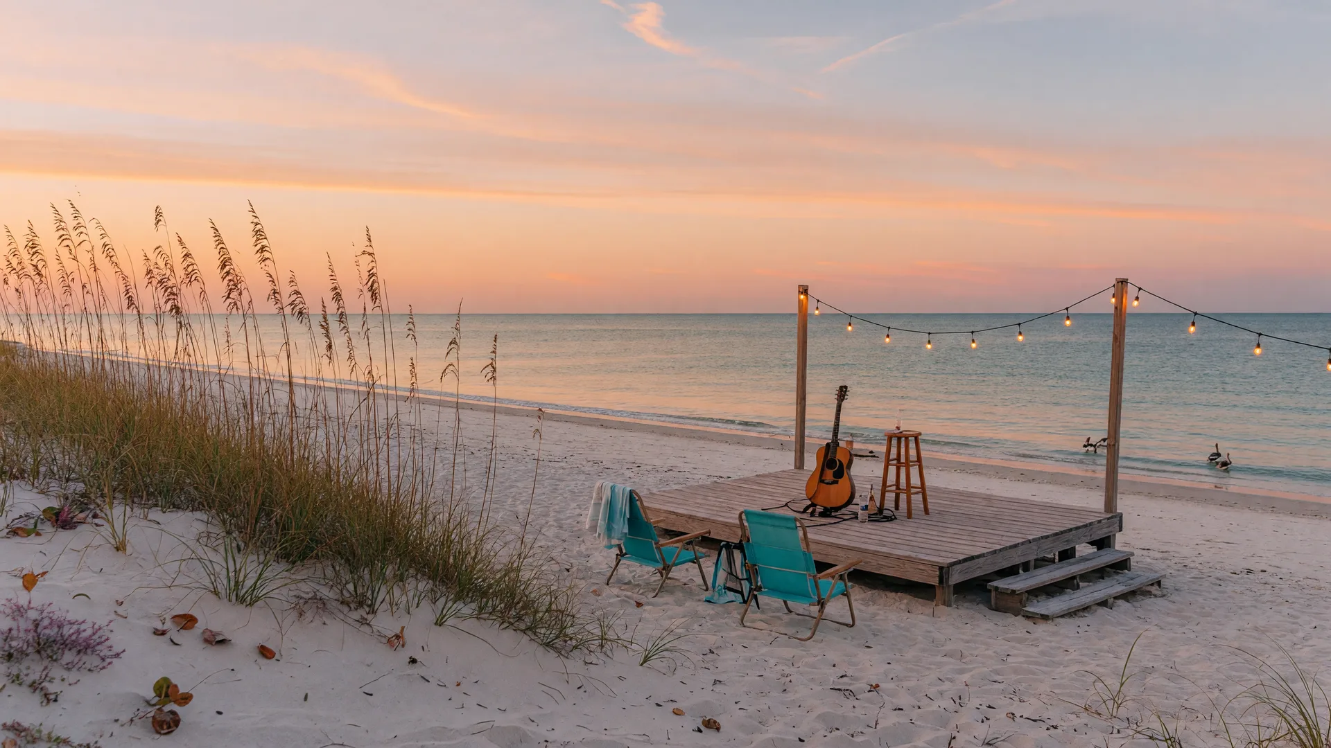 A quiet beach stage on the Alabama Gulf Coast at golden hour in early November, an acoustic guitar on a stool under warm string lights, with sea oats, white sand, and calm turquoise water beyond