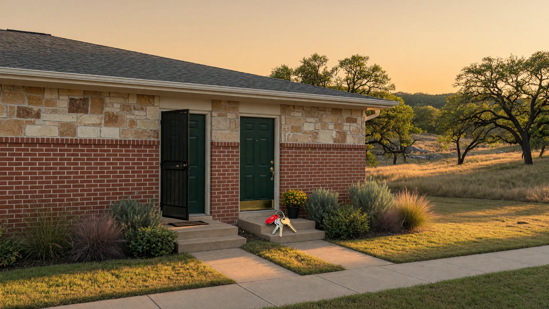 Single-story Texas duplex with two front doors, stone and brick facade, keys on the front step in golden light