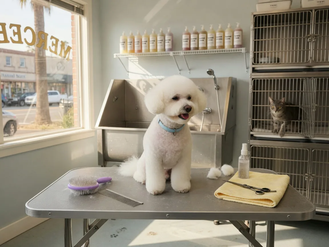 A freshly groomed white bichon frise with a neat rounded cut sits on a stainless-steel grooming table in High Standards Pet Salon, surrounded by brushes and scissors, with a bathing tub, shampoo shelves, and a cat in a cage bank behind it