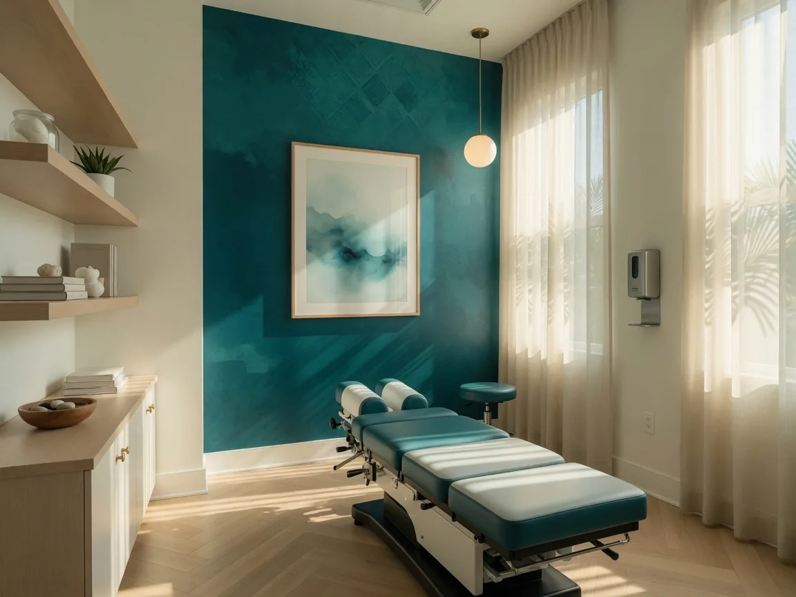 Modern chiropractic treatment room at ChiroPrime Orlando with a teal accent wall and treatment table