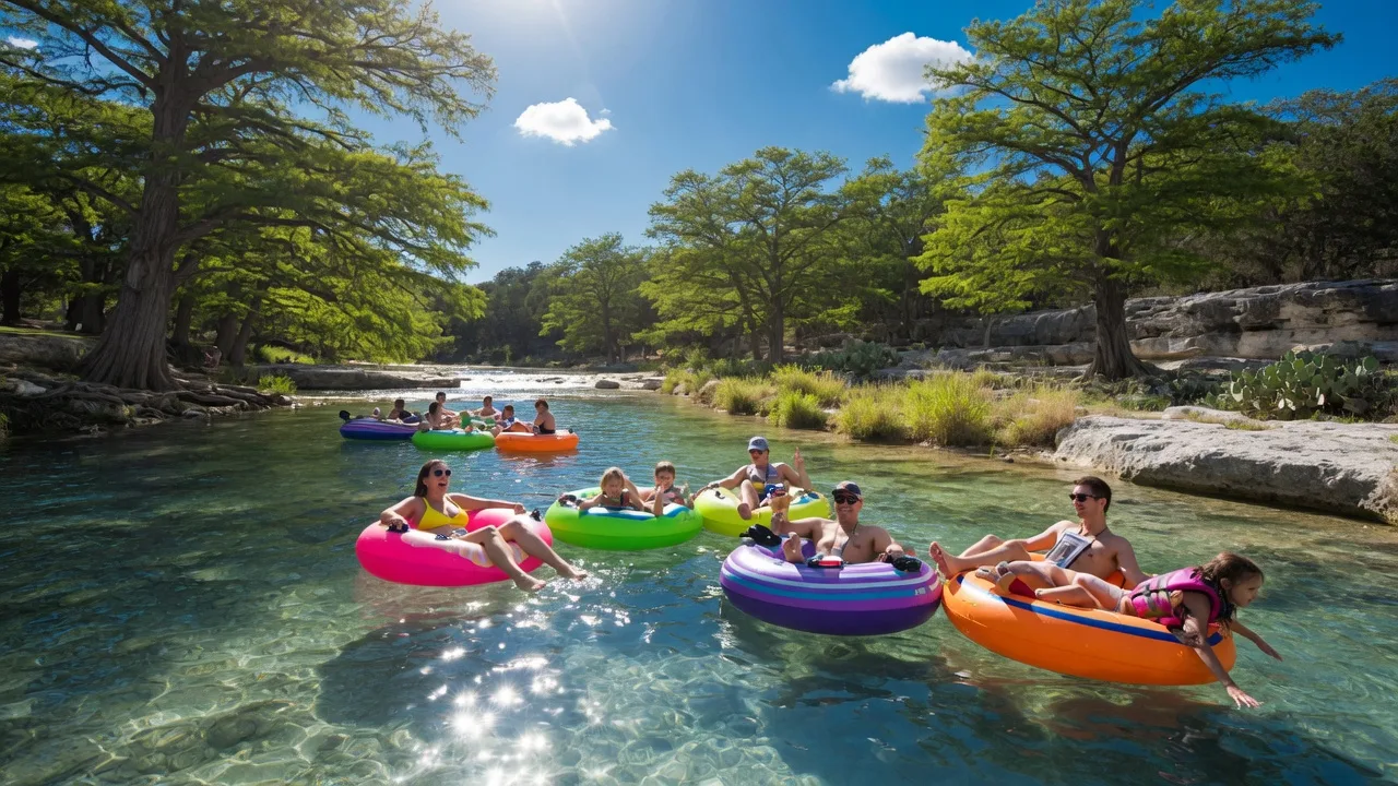 Friends tubing on the crystal-clear Blanco River, surrounded by cypress trees under a bright blue sky
