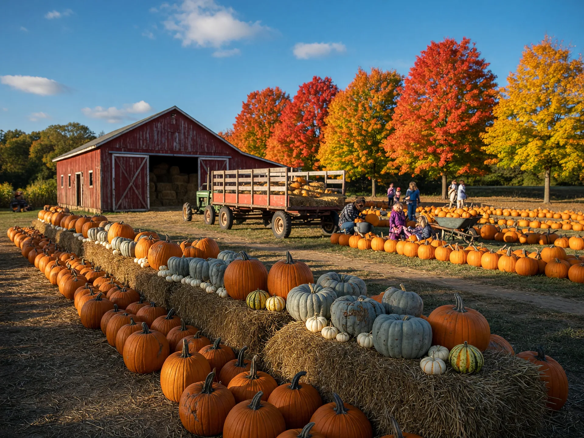 Fall pumpkin festival at a family farm in Germantown, Maryland on a bright October morning, rows of pumpkins on hay bales in the foreground, a red barn and hayride wagon behind, and maples in full autumn color