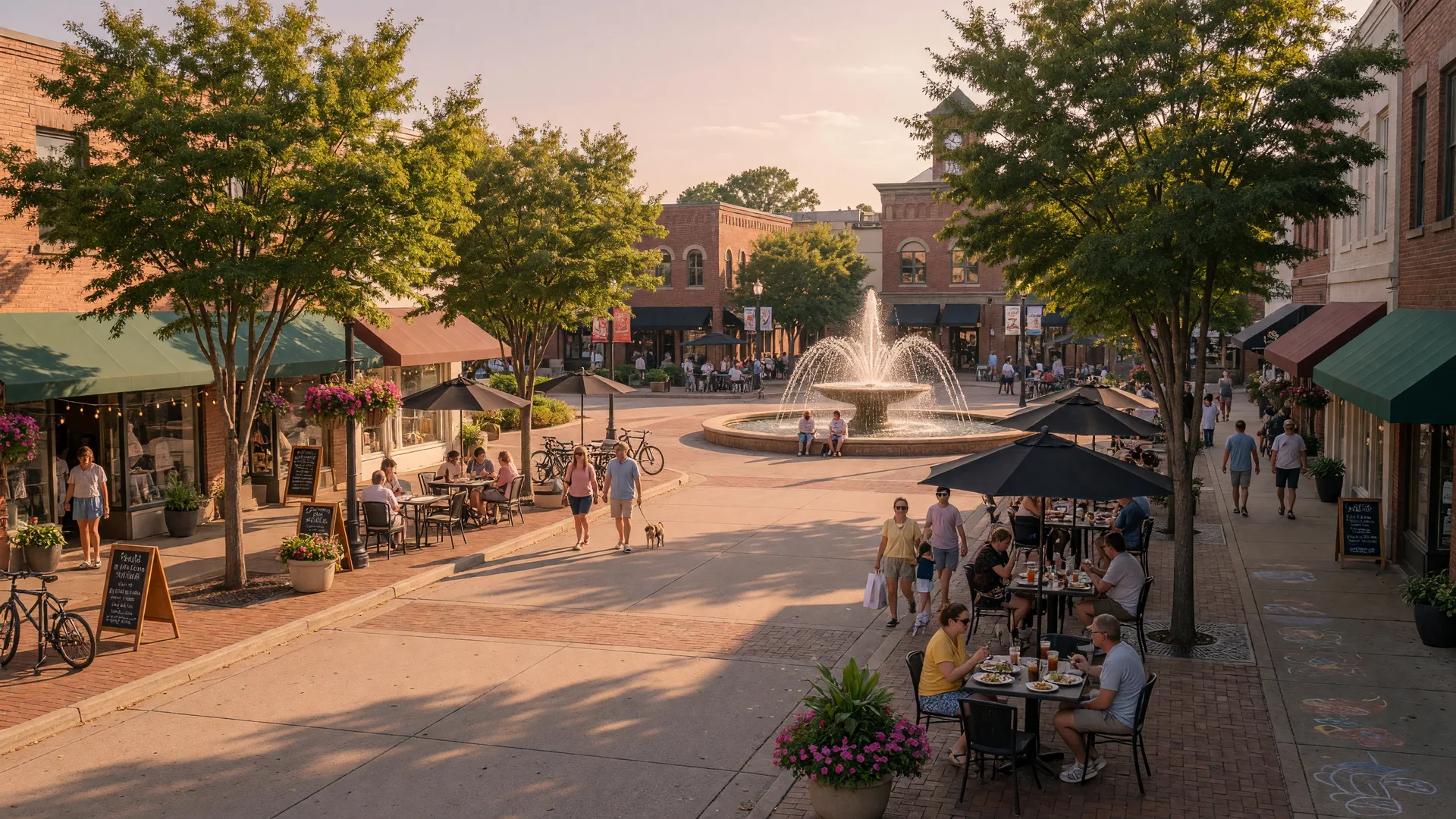 Downtown Smyrna, Georgia town square with fountain and outdoor dining.