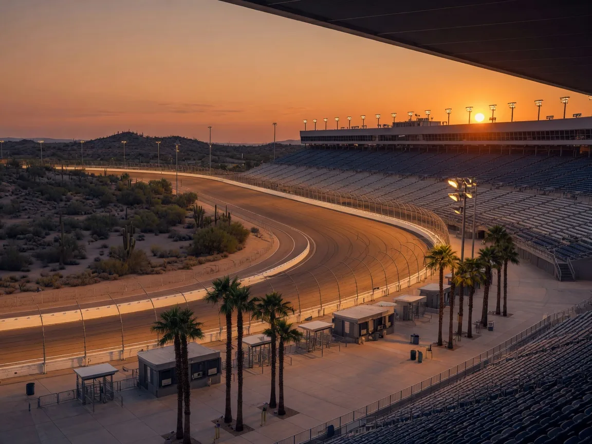 Phoenix Raceway oval and grandstands glowing at dusk in the Arizona desert near Avondale