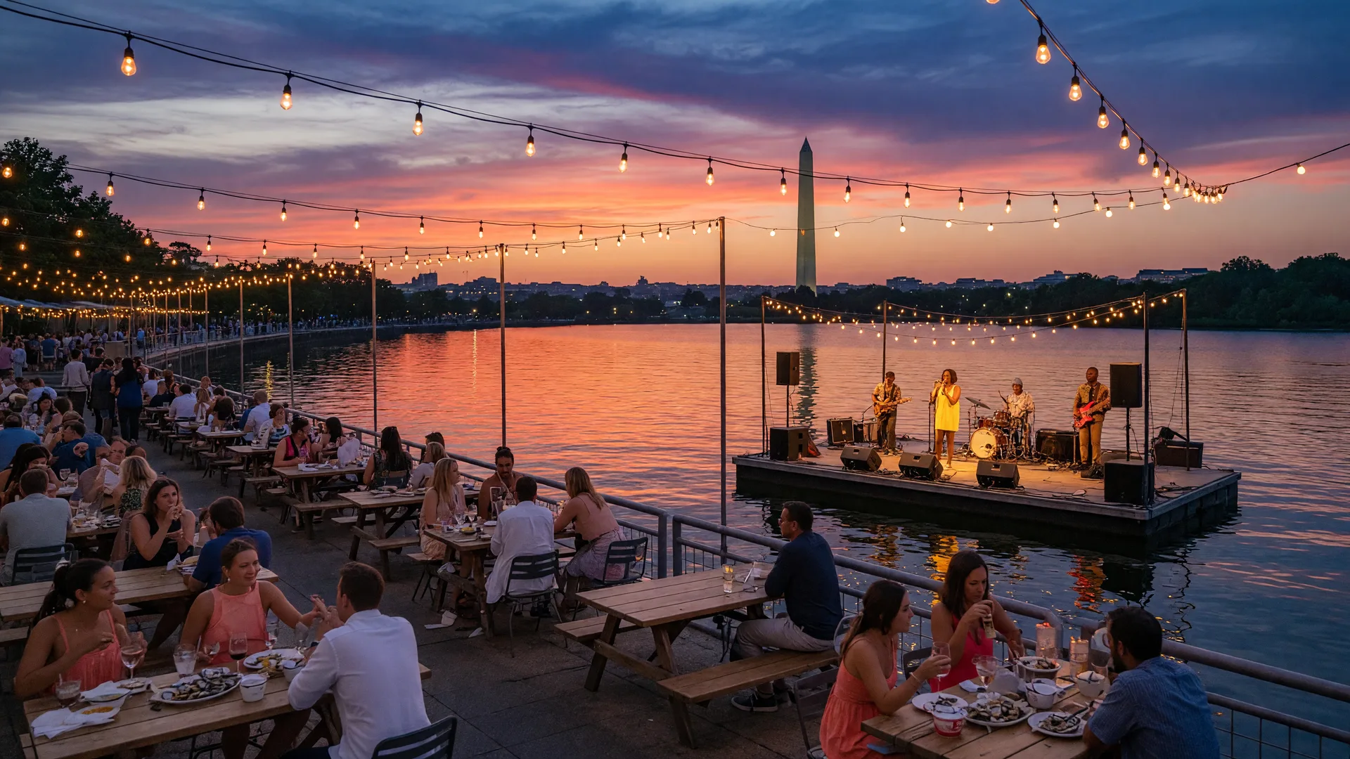 Late summer evening at The Wharf in Washington DC with outdoor patio dining, string lights glowing above the waterfront, the Potomac River reflecting sunset colors, and the Washington Monument visible on the horizon