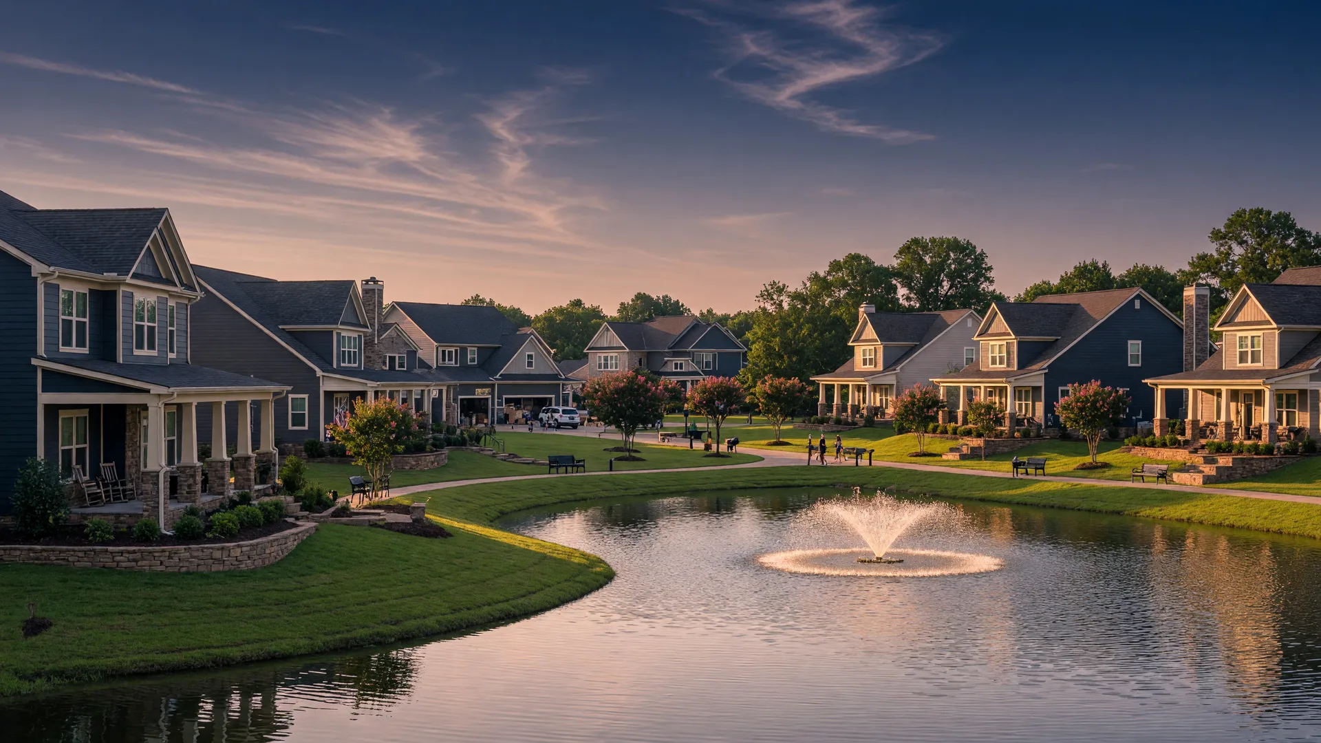 Lakefront residential community in Locust Grove Georgia with craftsman-style homes