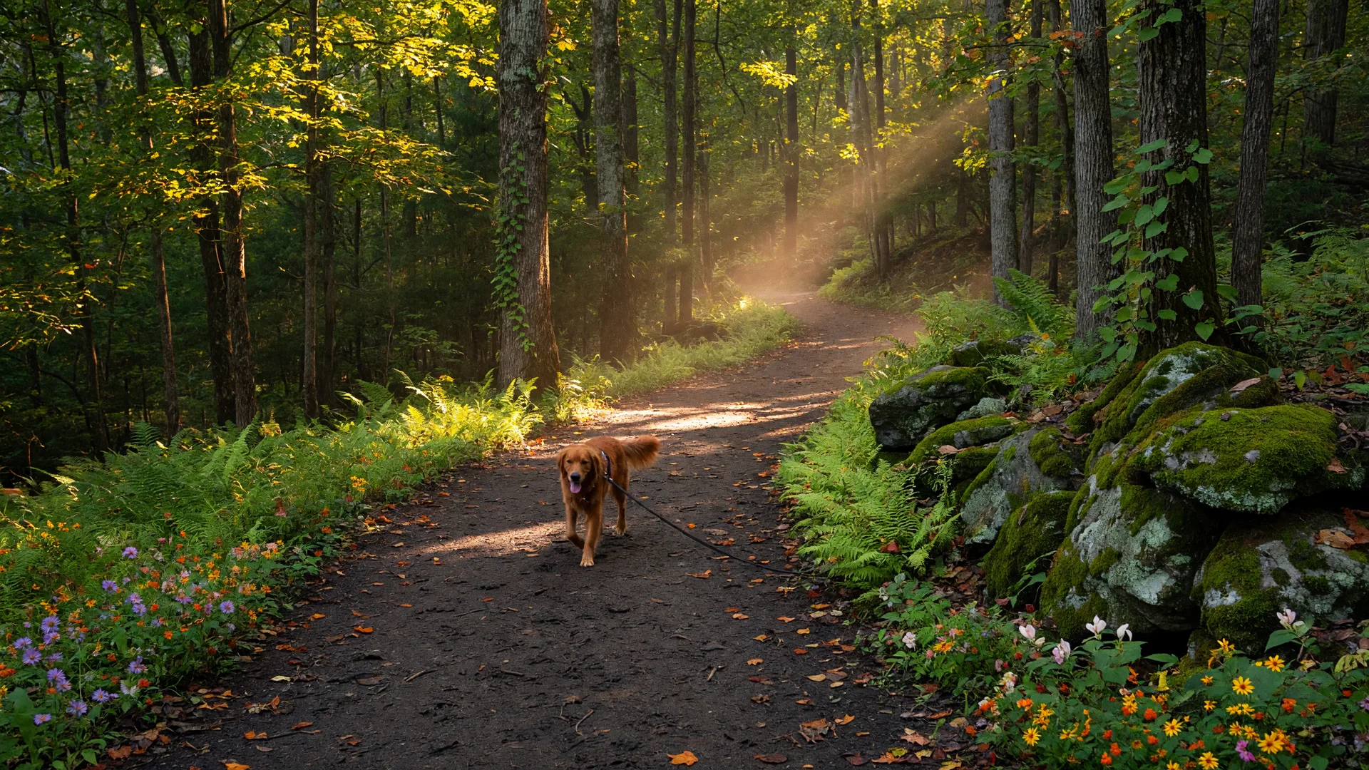 A dog walking on a wooded Virginia hiking trail with golden sunlight filtering through the trees onto a dirt path lined with ferns and moss