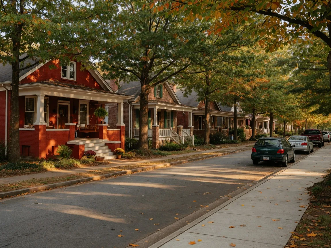 Tree-lined residential street in an established Atlanta intown neighborhood with brick homes and craftsman bungalows