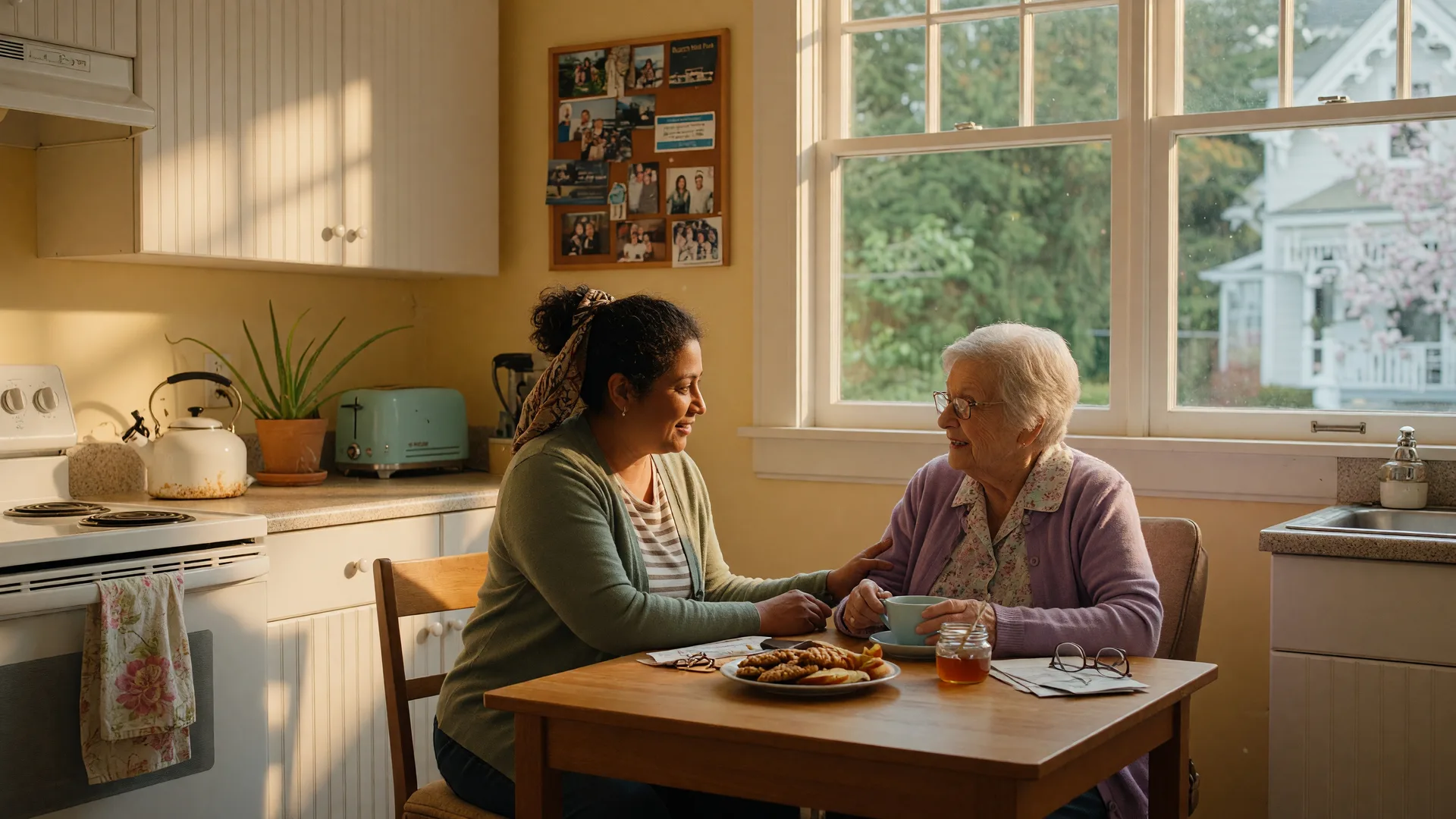 A warm kitchen scene in a Victoria home with a caregiver and senior sharing a supportive moment by the window