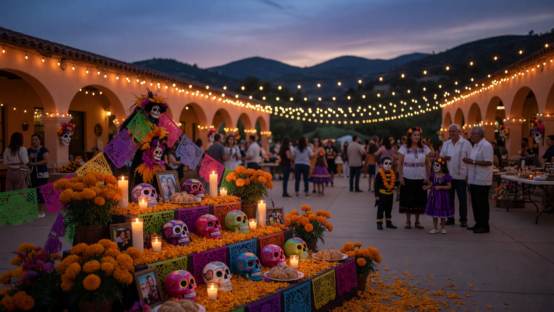 A warm community ofrenda with marigolds, sugar skulls and papel picado lit by candles and string lights at dusk in a Santa Clarita plaza