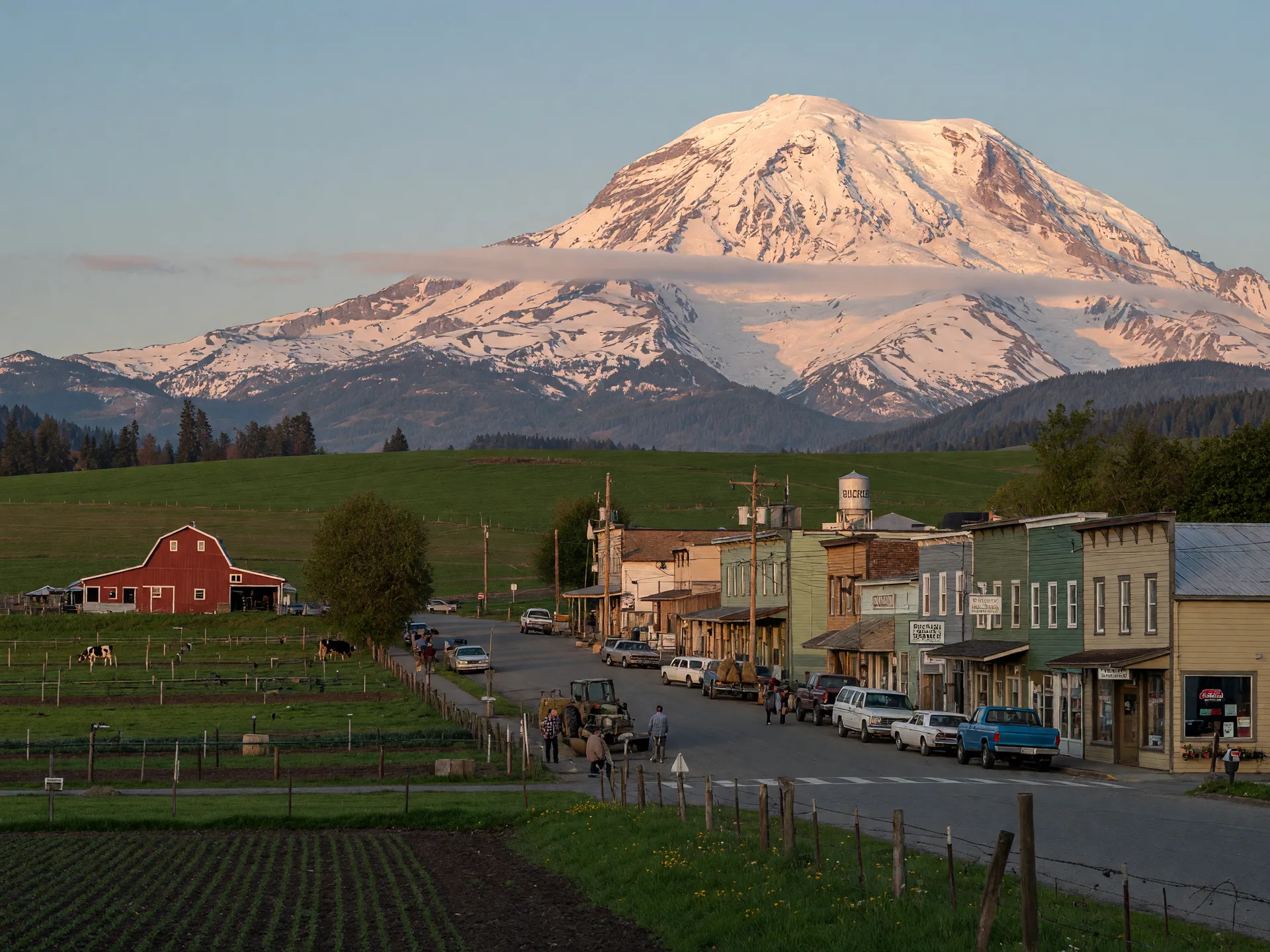 The small farming town of Buckley, Washington with Mount Rainier towering behind it