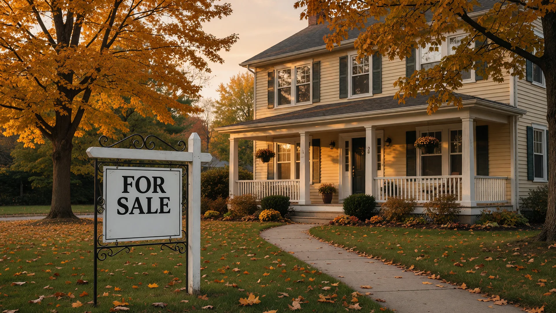 A classic two-story Mid-Michigan suburban home with a real estate For Sale sign in the front yard, photographed from the street at golden hour in early autumn with turning leaves on the trees