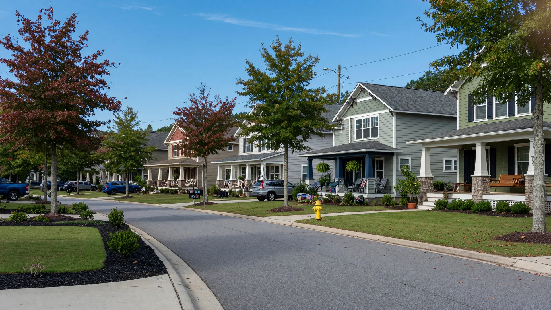 Quiet suburban street with newer craftsman-style homes in Indian Land, South Carolina