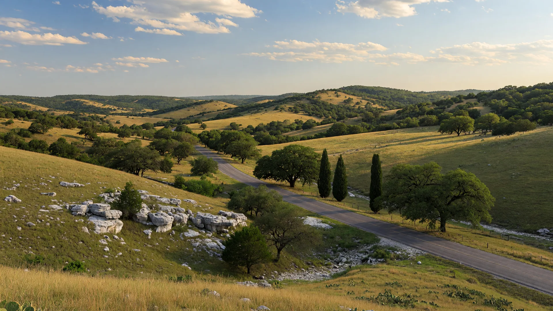 Rolling Hill Country landscape in Hays County, Texas with golden-green hills, oak trees, and winding roads
