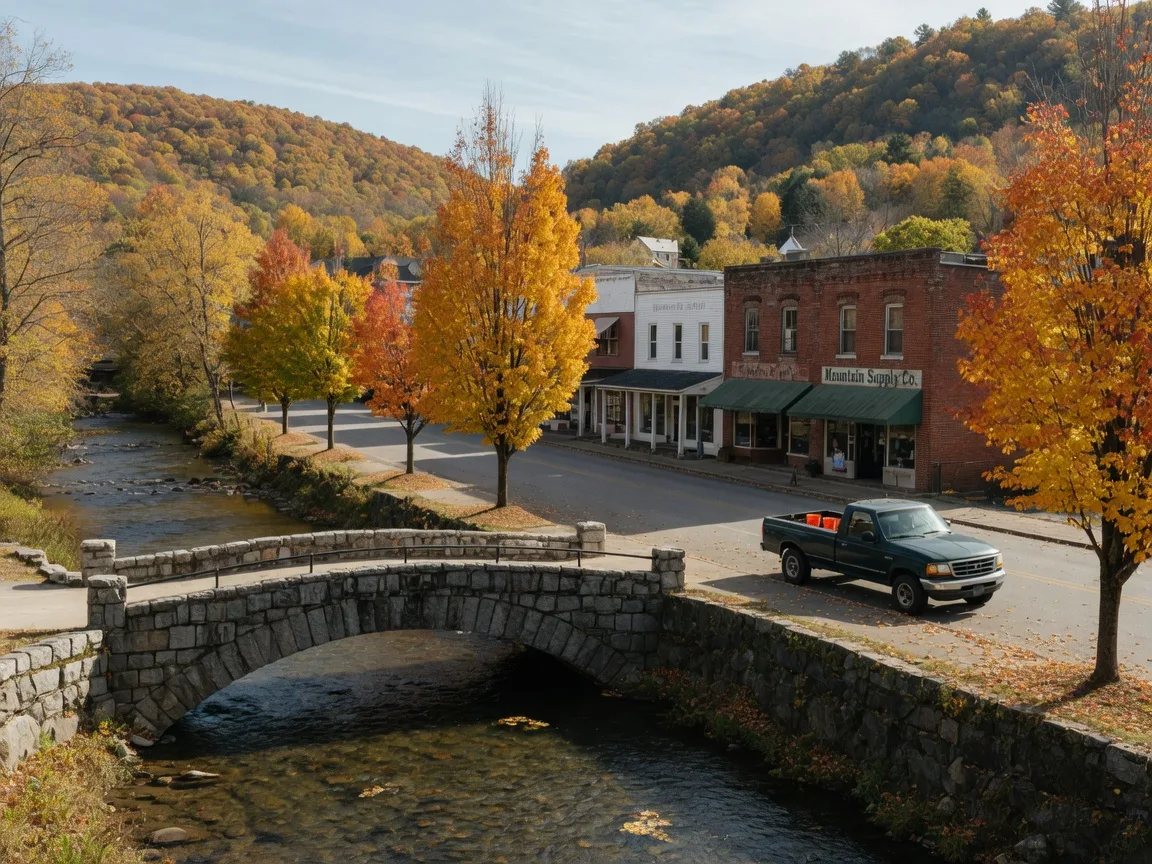 A small North Georgia mountain town main street with fall color on the hills behind it