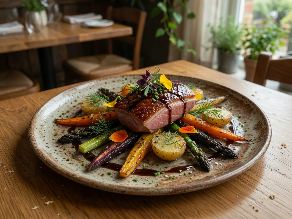 A beautifully plated farm-to-table dish with seasonal roasted vegetables and a seared protein garnished with fresh herbs on a rustic ceramic plate in a warm Uxbridge restaurant