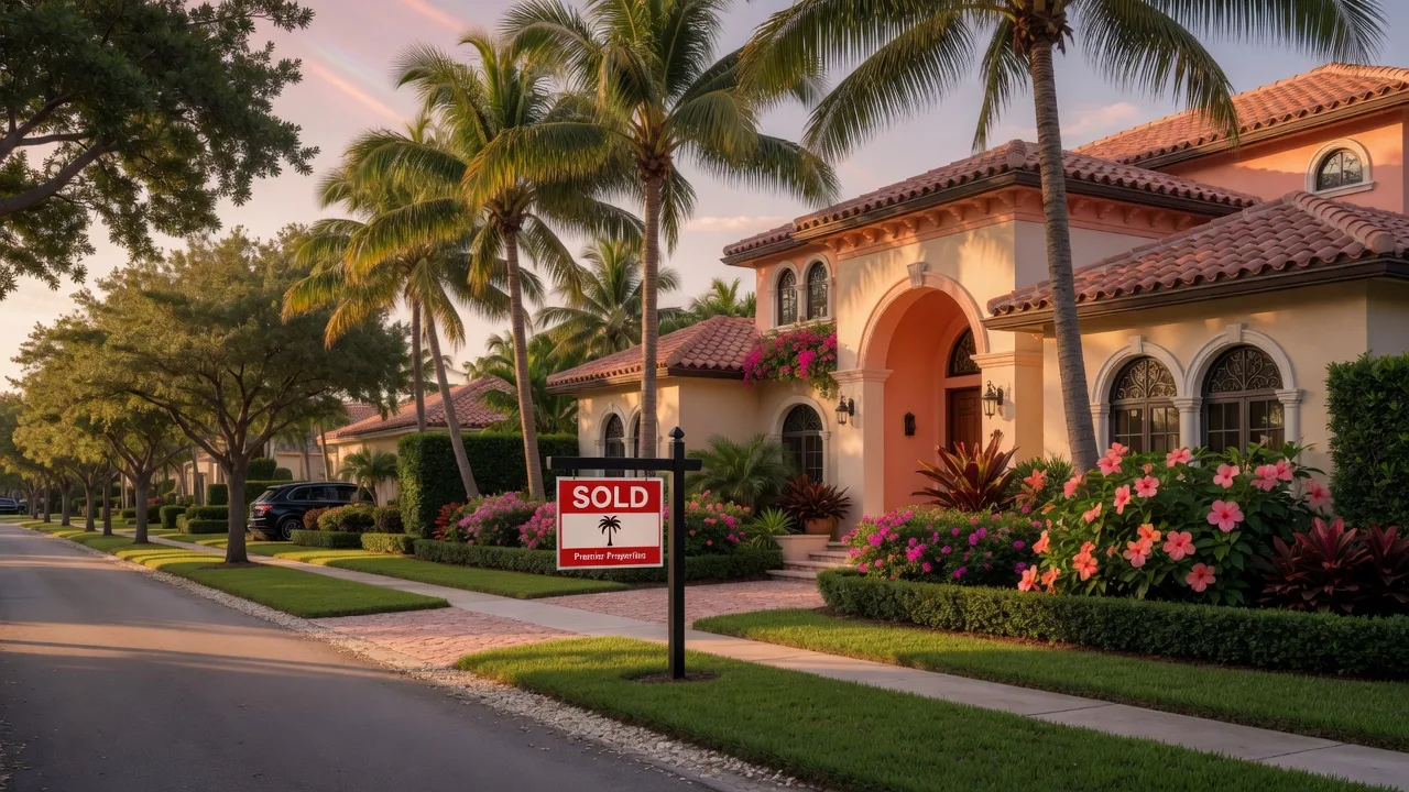 A sold home in a luxury Boca Raton neighborhood with tropical landscaping