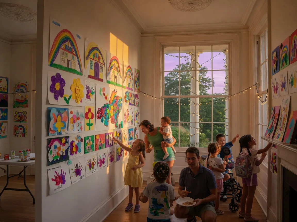 Inside the Abington Art Center at Alverthorpe Manor on a summer evening, with families admiring colorful children's artwork displayed on white gallery walls, string lights glowing outside the tall windows, warm golden light filling the room