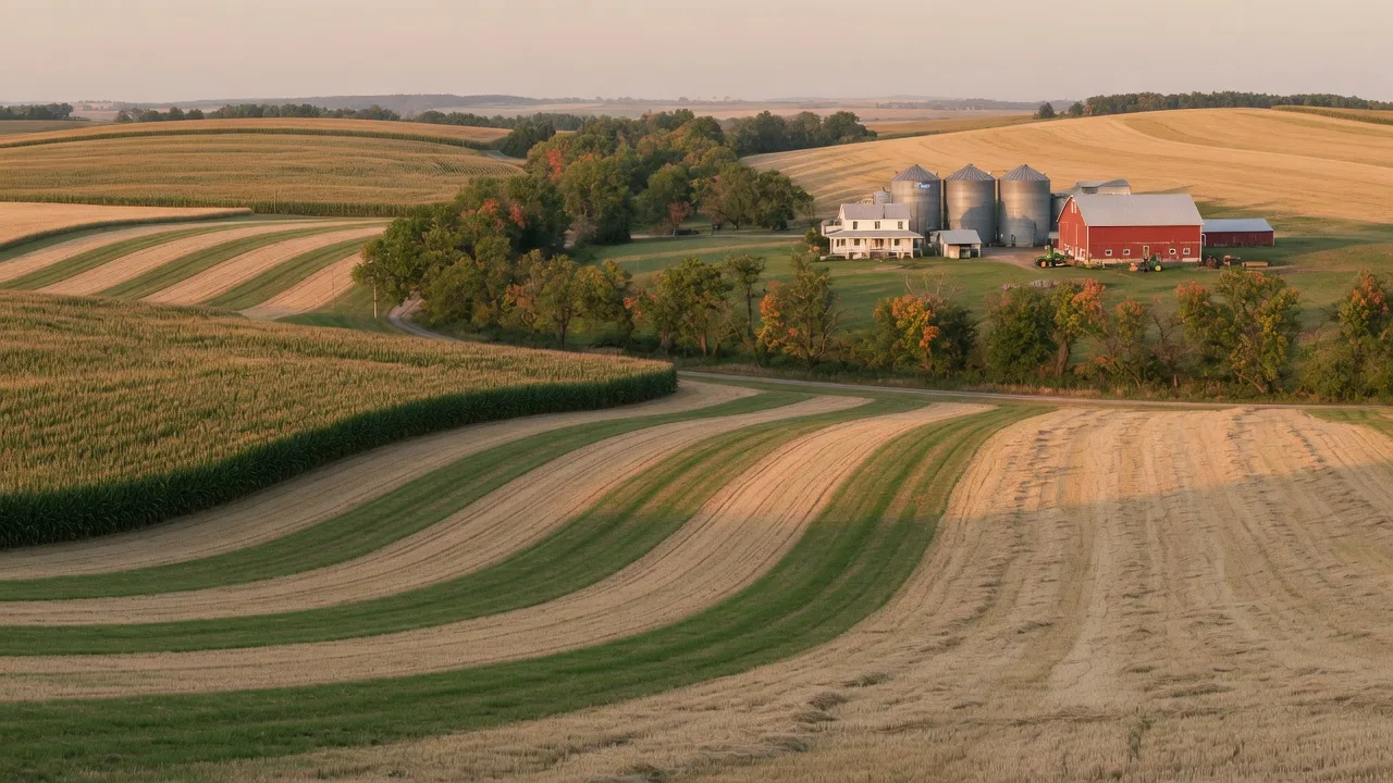Farmland in rows under late-day light