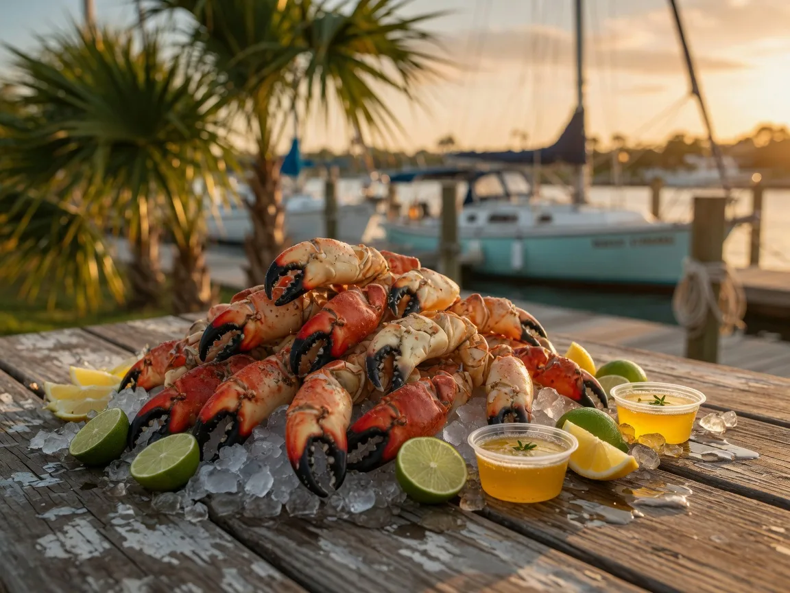 Fresh Florida stone crab claws on ice with key limes at a coastal seafood festival