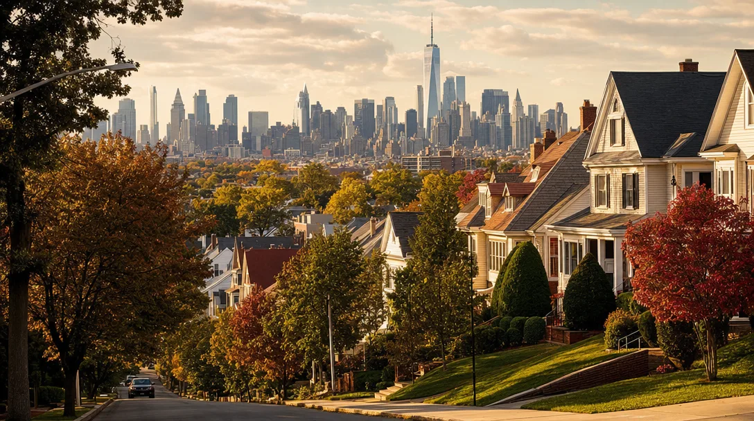 NYC skyline seen from an Essex County NJ suburban street with tree-lined residential homes in the foreground at golden hour