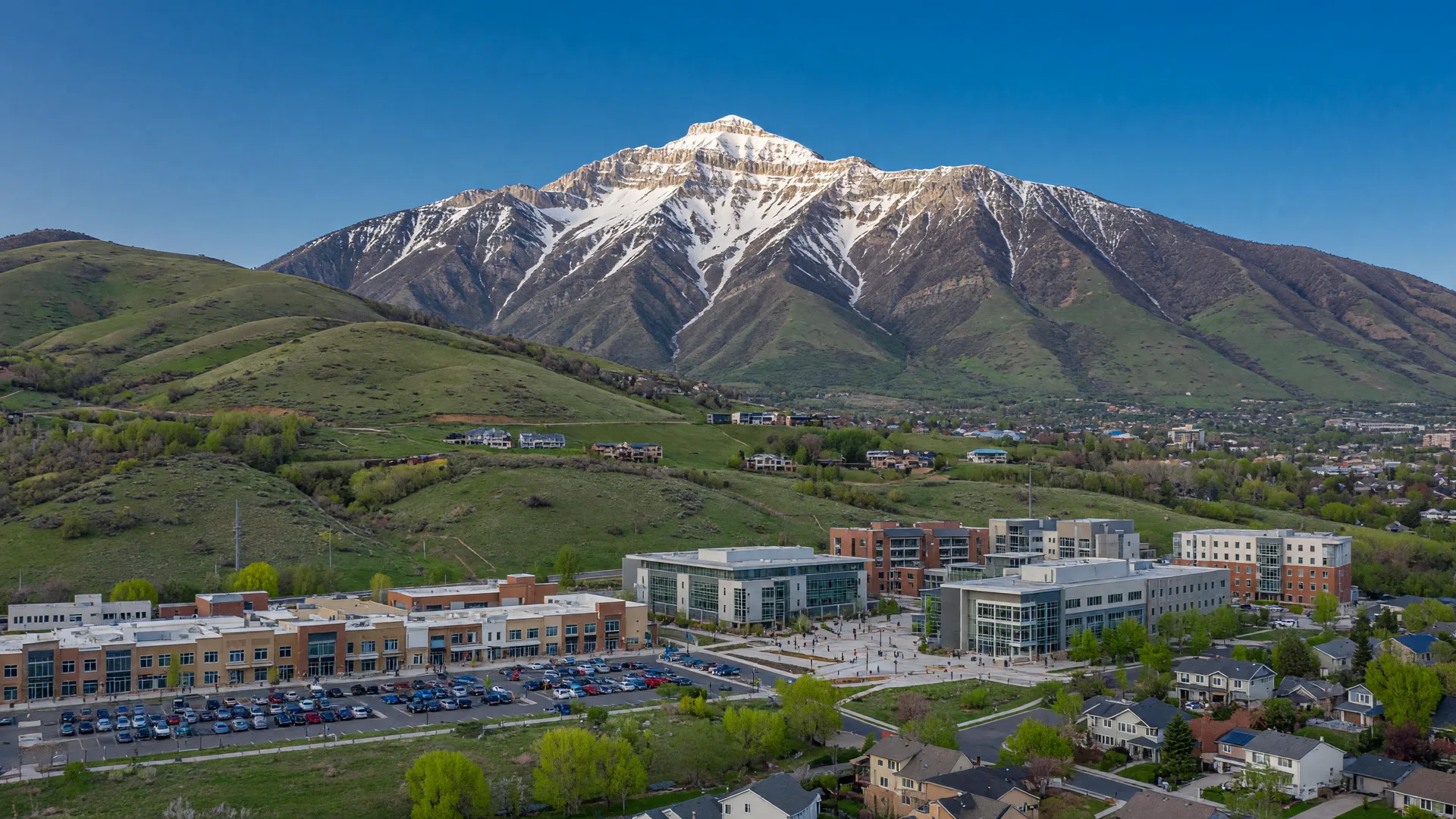 Orem, Utah's University Place and Utah Valley University area with Mount Timpanogos's dramatic peak dominating the background