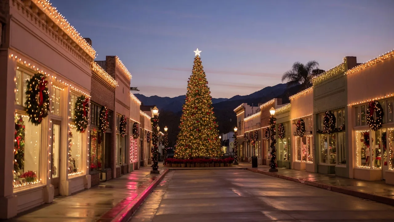 A main street decorated with warm holiday lights and a community Christmas tree at dusk in the Santa Clarita Valley