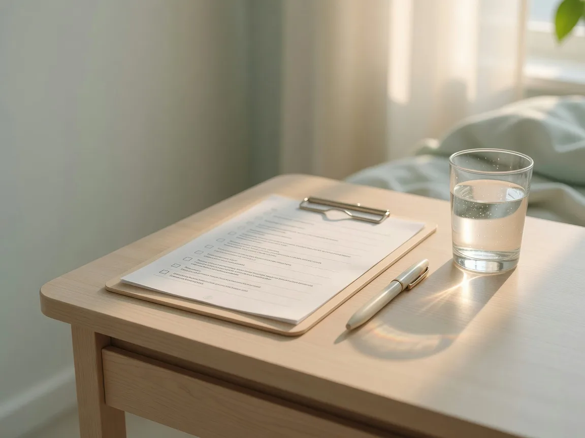 A clipboard with a printed list of questions and a pen on a bedside table, representing client advocacy