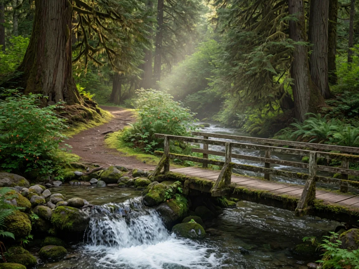 A mossy forest trail with a footbridge over a rushing river