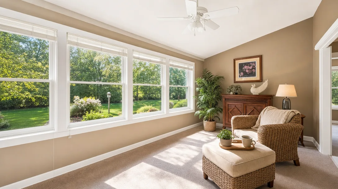 Bright sunroom with large windows, vaulted ceiling, and a view of the covered deck