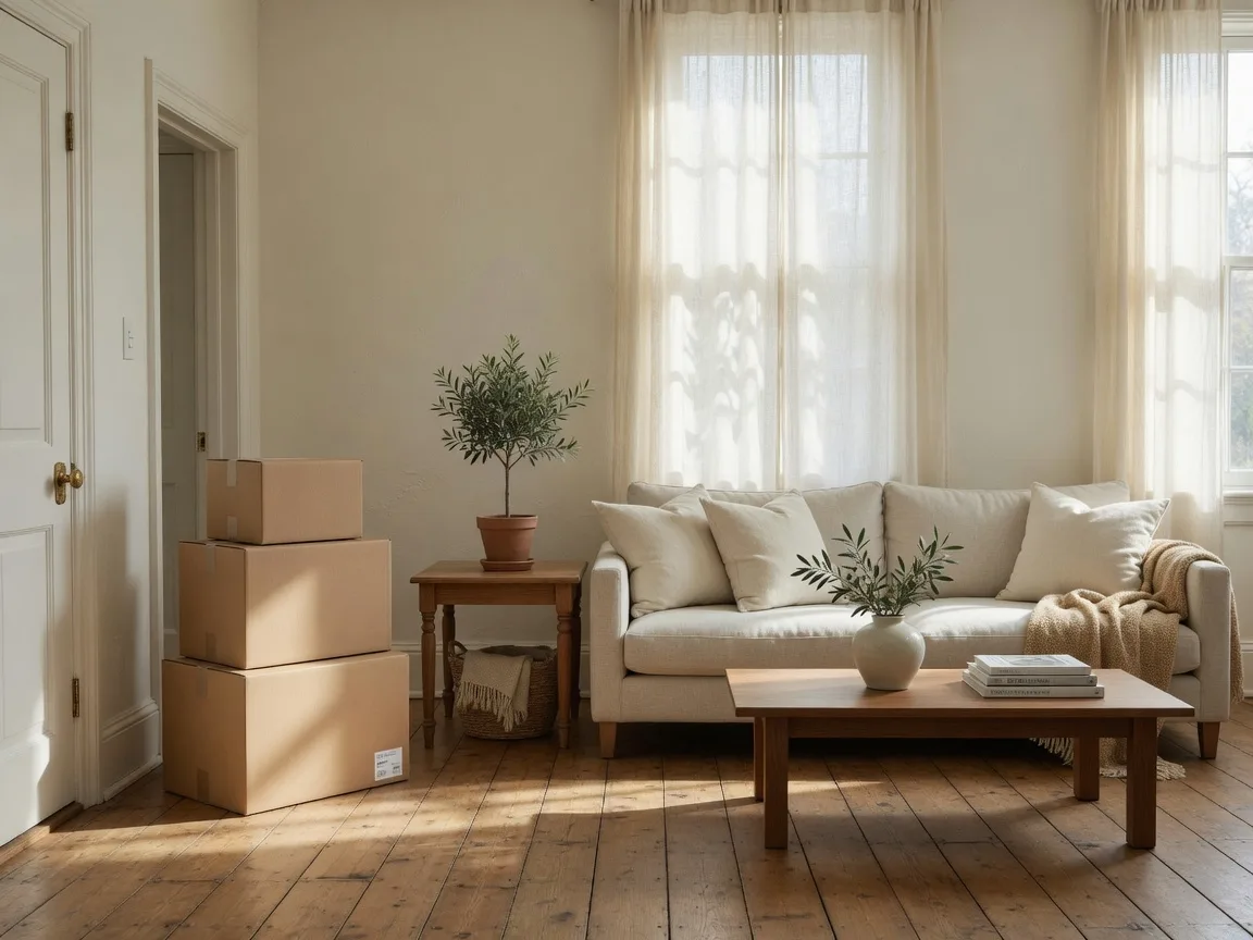 Bright, organized Connecticut living room with a small stack of packed moving boxes