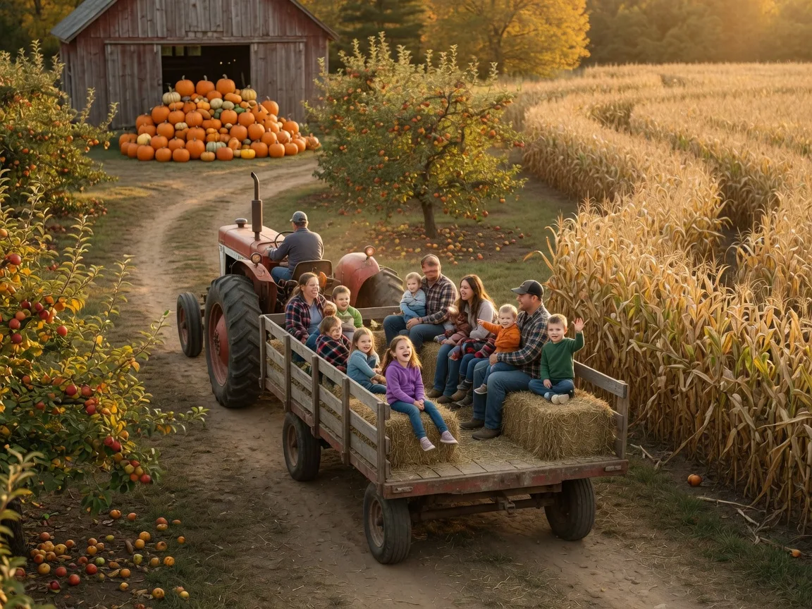 A red tractor pulling a hayride wagon through an apple orchard beside a corn maze on a New Jersey farm in September light