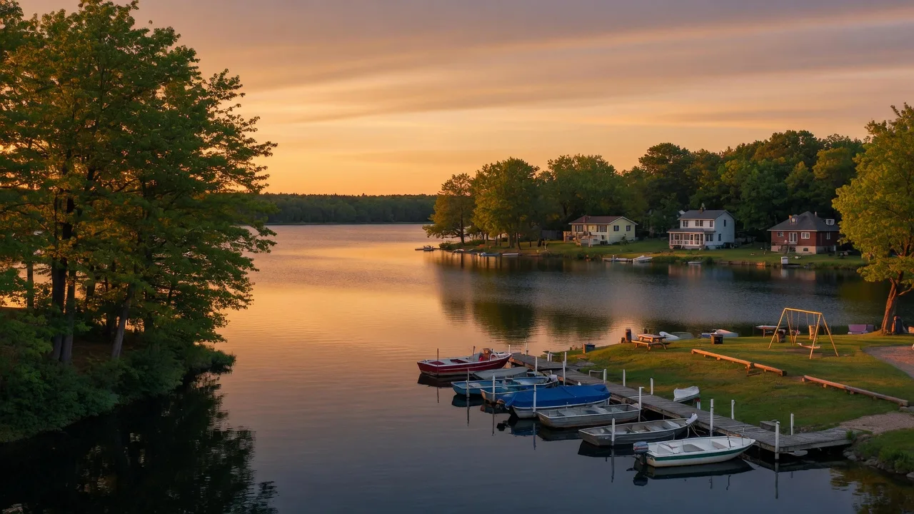 Golden hour view across the Holloway Reservoir near Columbiaville Michigan with boats moored at a village park