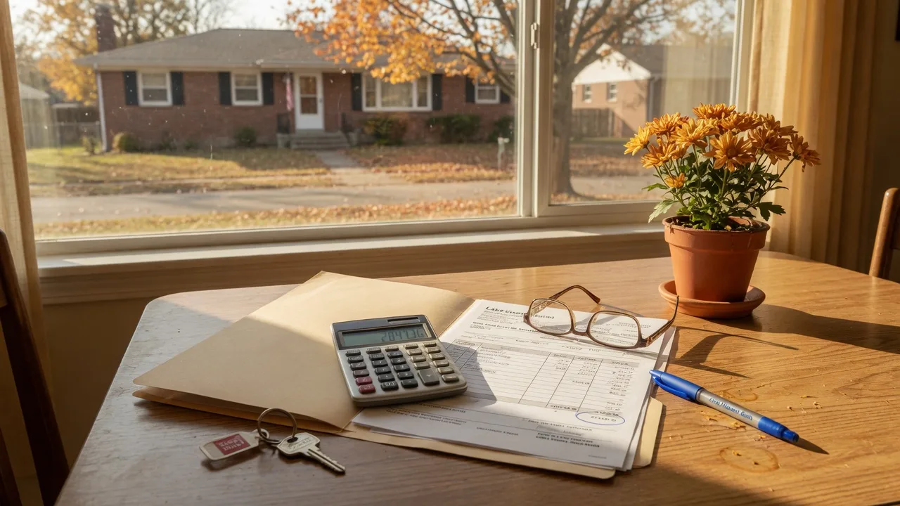 A warm still-life photograph of a printed property tax statement, a calculator, reading glasses, and a brass house key on a sunlit kitchen table in a Northwest Indiana ranch home