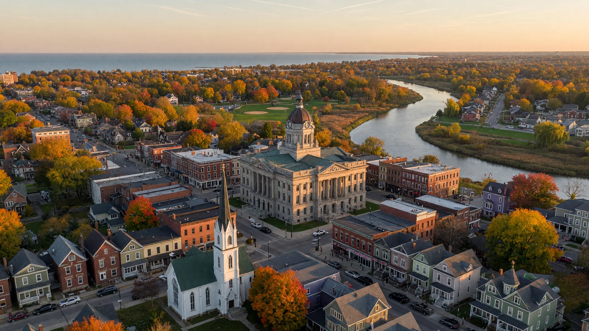 A wide aerial view of Painesville, Ohio in late October, looking down over the historic downtown square with the stately Beaux-Arts Lake County Courthouse at its center, preserved 19th-century brick storefronts, tree-lined streets of Victorian and Foursquare homes with maples turning orange and gold, and the Grand River curving through the city toward Lake Erie in warm late-afternoon light