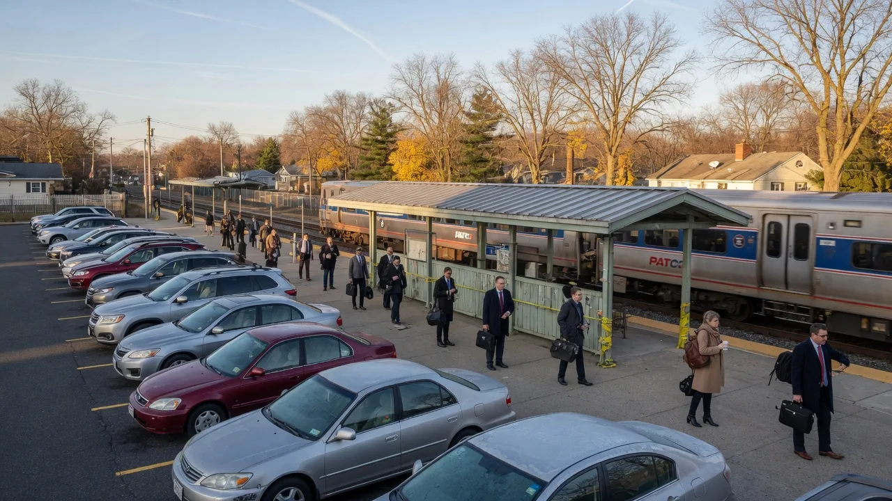PATCO train arriving at a suburban South Jersey station on a bright morning